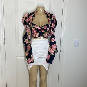 2 pcs set skirt and blouse, blouse floral print and skirt white, size L